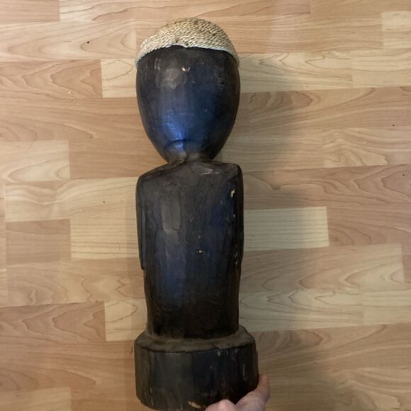 Vtg African Tribal Wood Hand Carved Primitive Statue Seated Figure Rope Hat - Picture 6 of 13